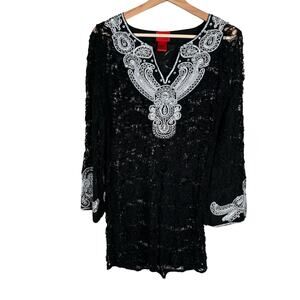 Cristina Womens Medium Vintage Black Crochet Sequin Pullover Swimsuit Cover Up